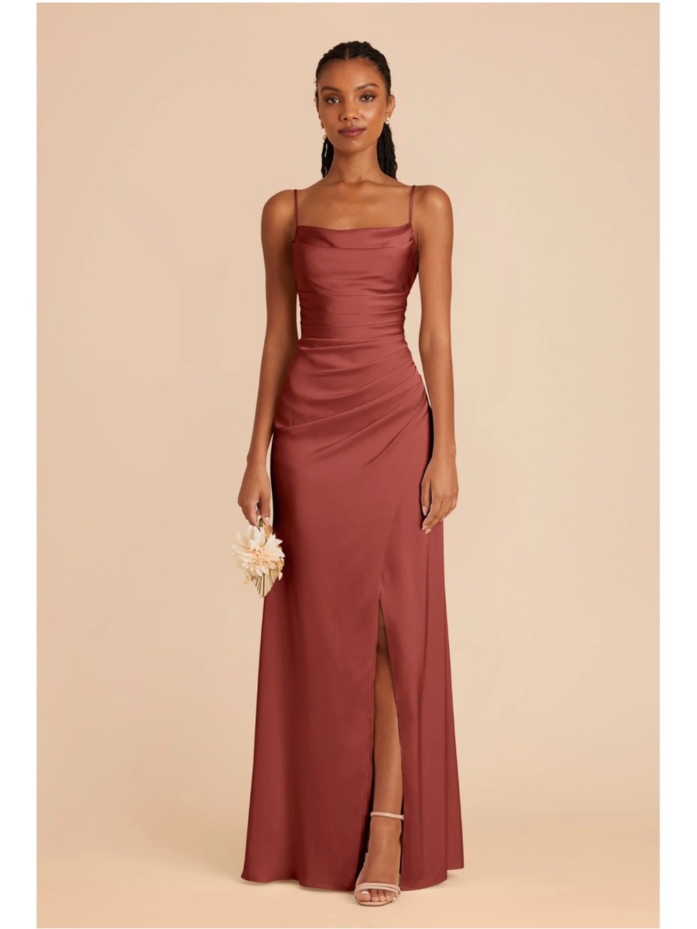 Birdy Grey Satin Cowl Neck Spaghetti Strap Gown in Rust
